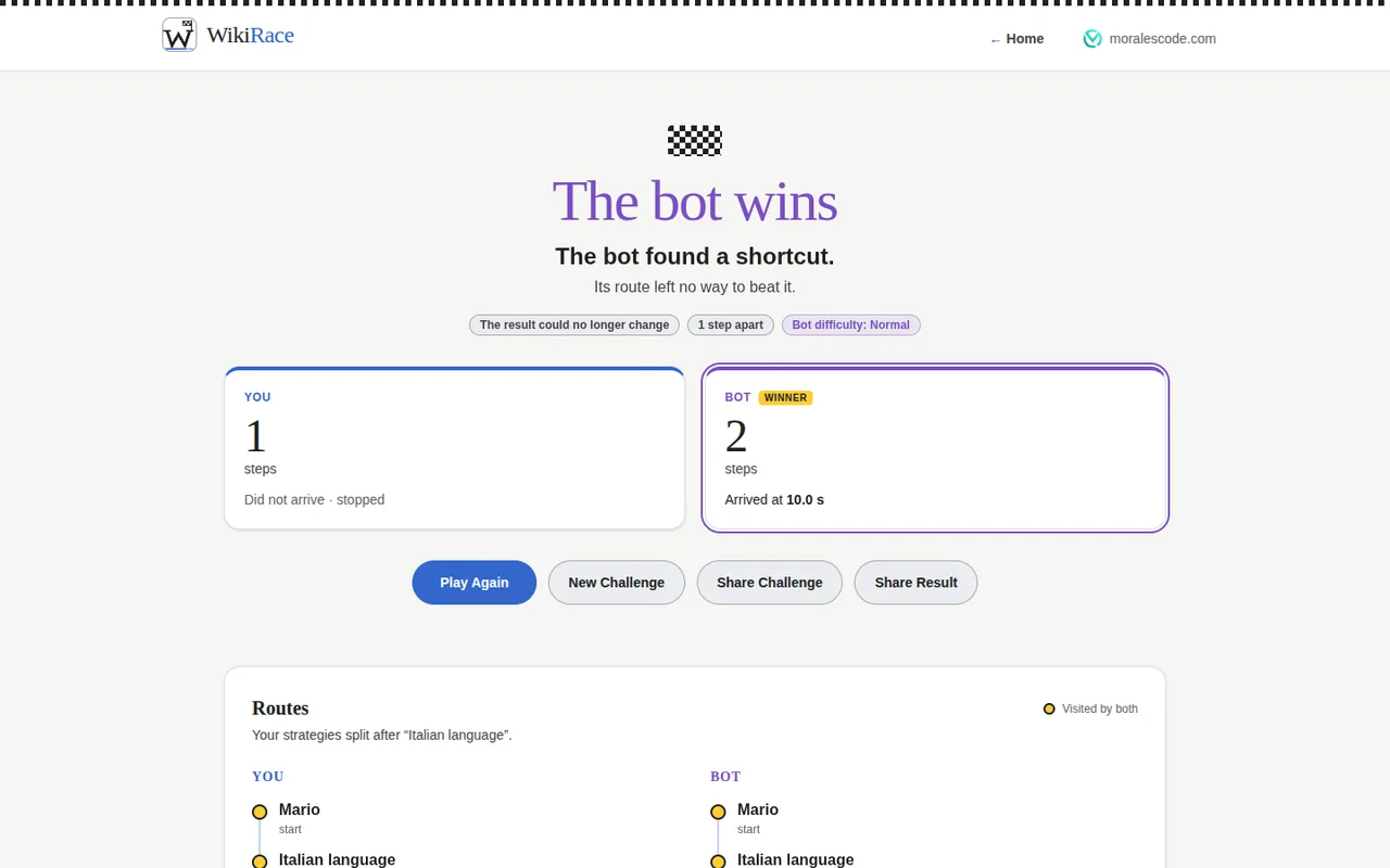WikiRace: Results: the bot won by one click
